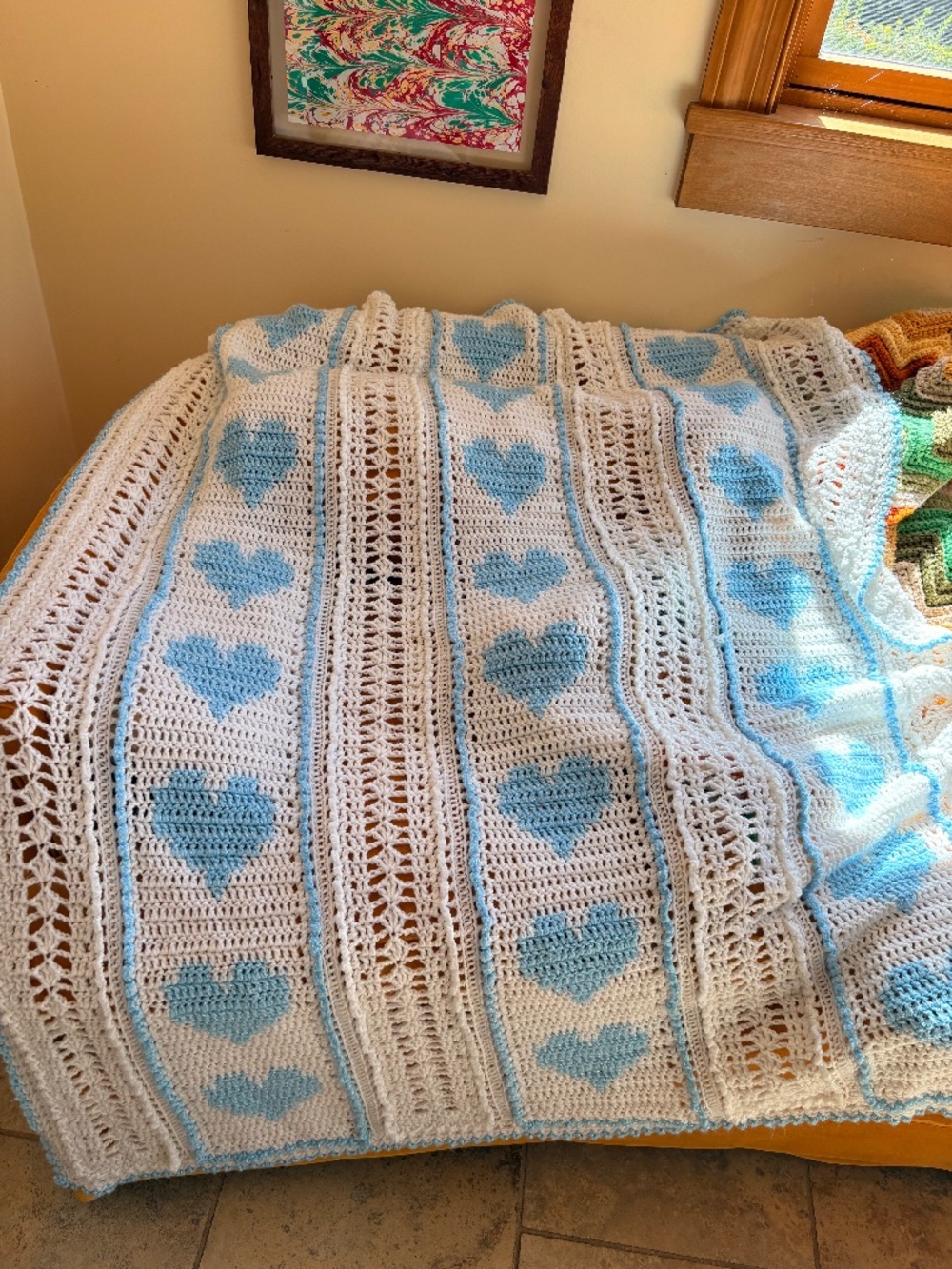 Blue and White Handknit Crochet Hearts Soft Afghan Baby Blanket